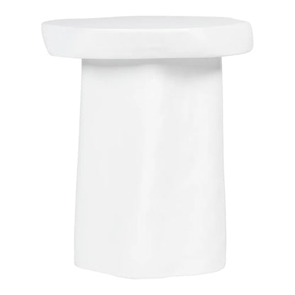 White cylindrical concrete side table on a white background