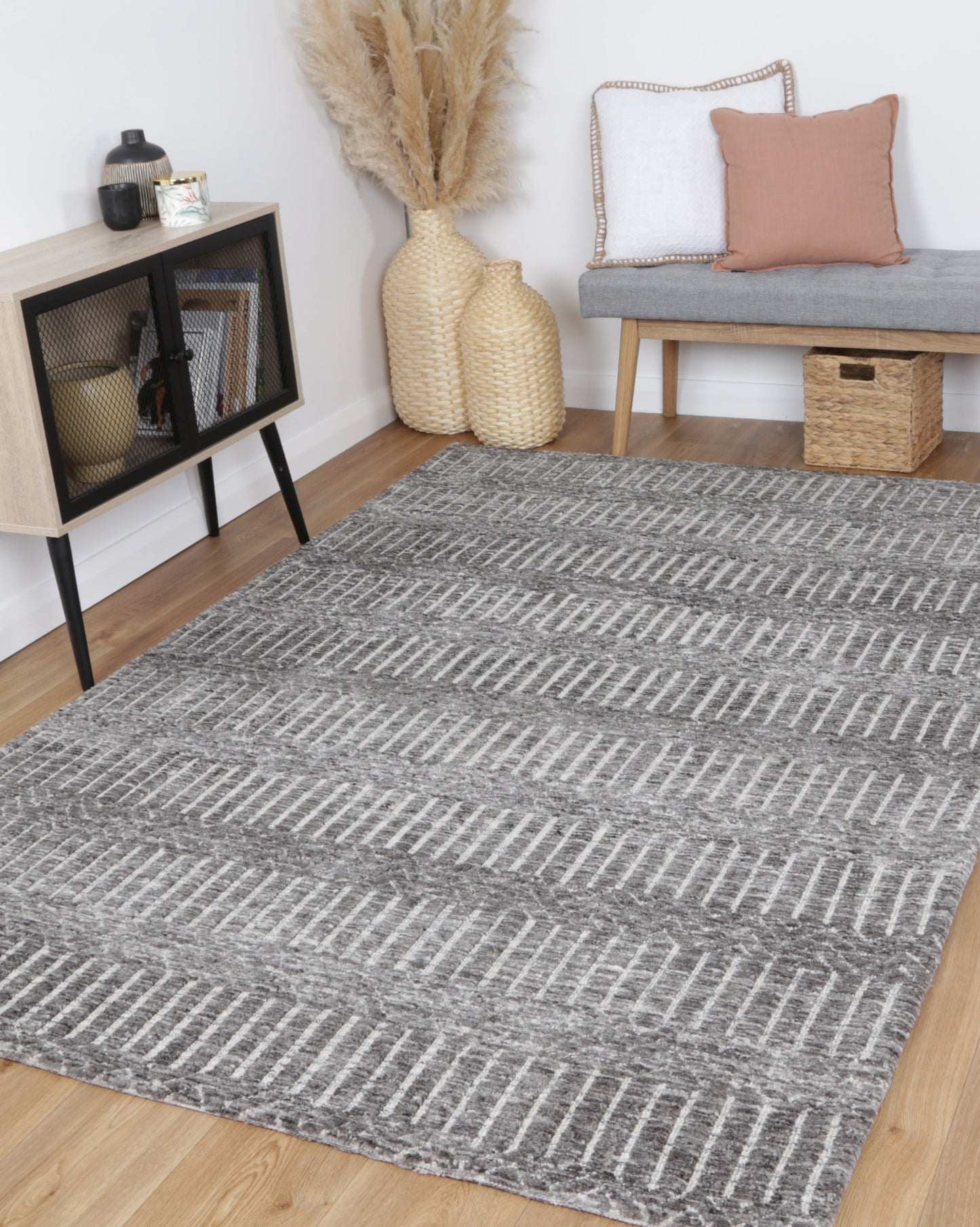 Amritsar | Attari  Cotton Blend Rug - Charcoal & Beige