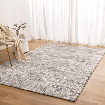 Atina | Distressed Geo Squares Rug - Grey