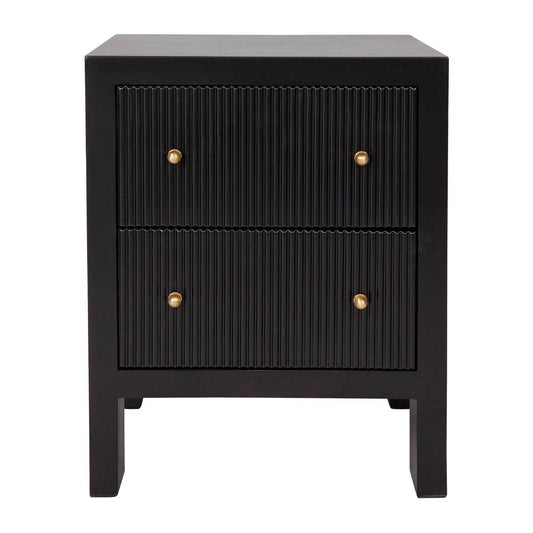 A black fluted bedside table with brushed gold handles and a ribbed design on the drawer fronts, set against a white background.