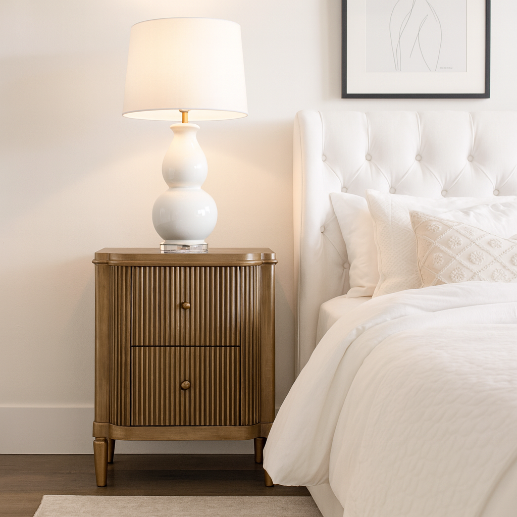Gold nightstand with a lamp next to a bed in a bedroom setting