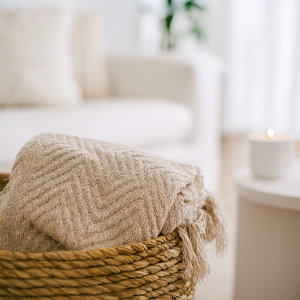 Beige Taupe woven basket with a textured blanket on a blurred indoor background