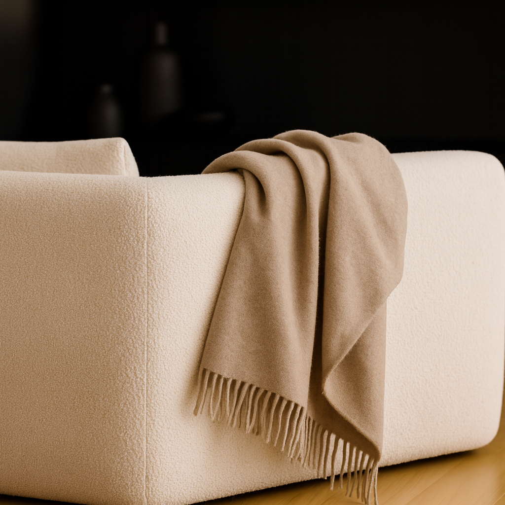 Beige wool throw blanket draped over a white sofa with a blurred background