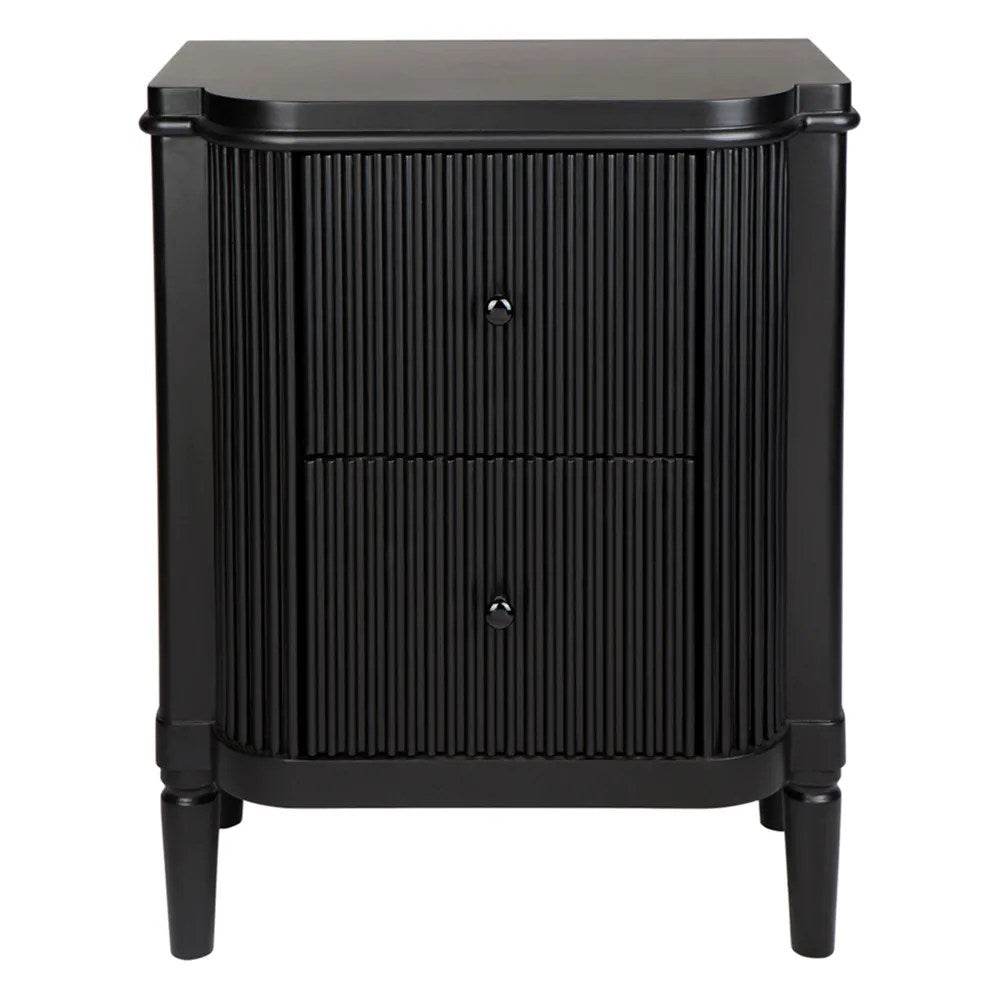 A black ribbed bedside table with a drawer and metal runners, featuring a sleek Art Deco-inspired design.