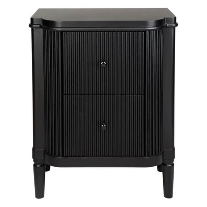 A black ribbed bedside table with a drawer and metal runners, featuring a sleek Art Deco-inspired design.