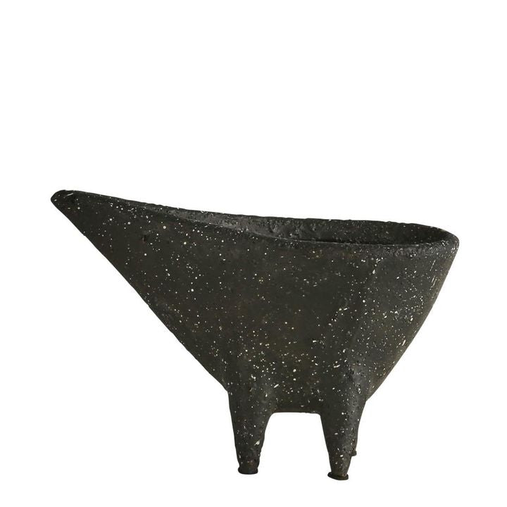 Black speckled funnel-shaped planter on a white background