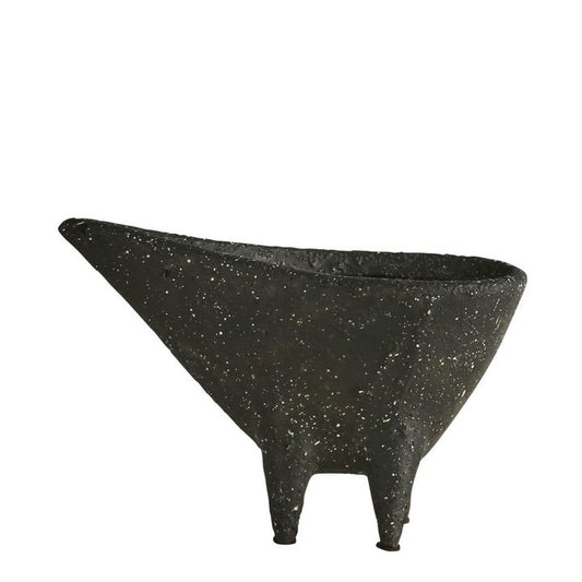 Black speckled funnel-shaped planter on a white background