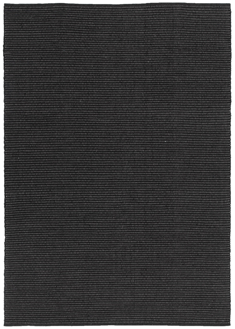 Solid black rectangular wool rug with a textured pattern
