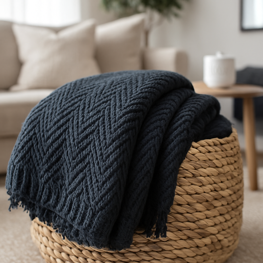 Charcoal knitted blanket draped over a woven basket in a cozy living room.