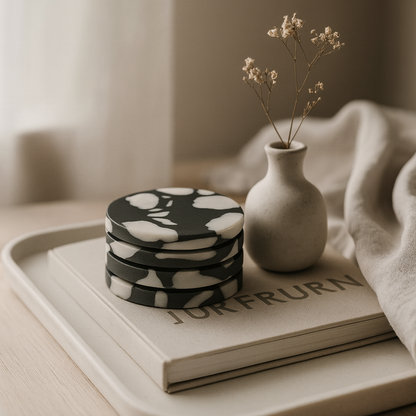 Stack of marble coasters on a book with a small vase containing dried flowers on a tray.