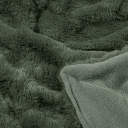 Close-up of green textured faux fur throw rug with a soft surface