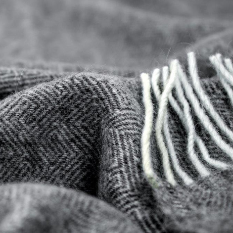 Close-up of gray herringbone fabric with white yarn