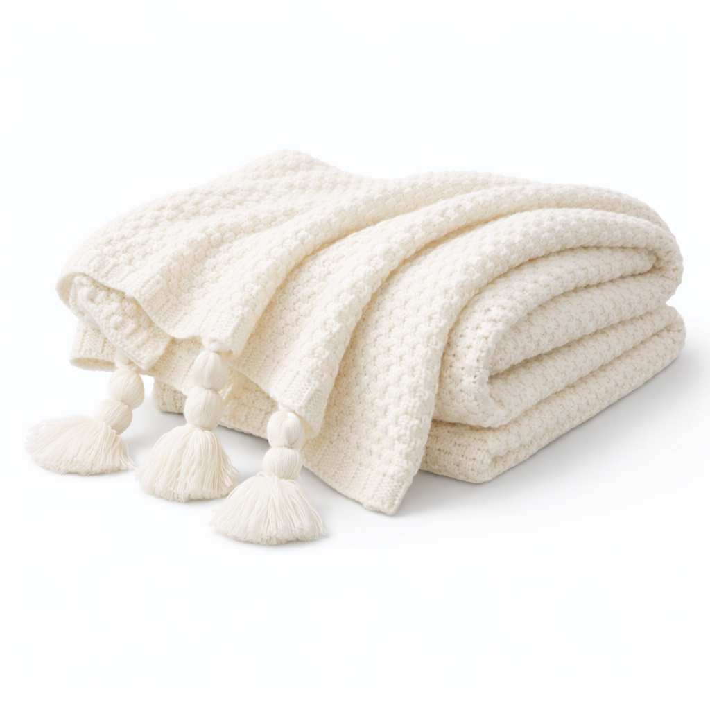 Folded cream-colored blanket with tassels on a white background