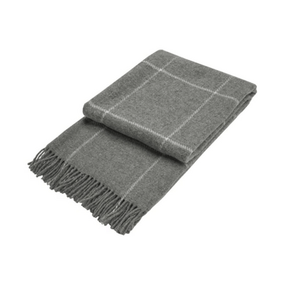 check grey wool throw folded on white background