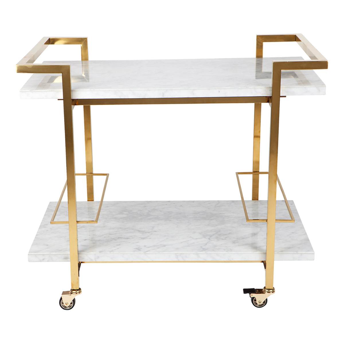 A multi-tiered white marble and gold stainless steel bar cart with lockable castors.