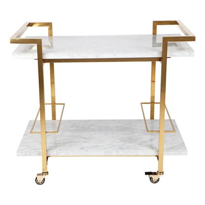 A multi-tiered white marble and gold stainless steel bar cart with lockable castors.