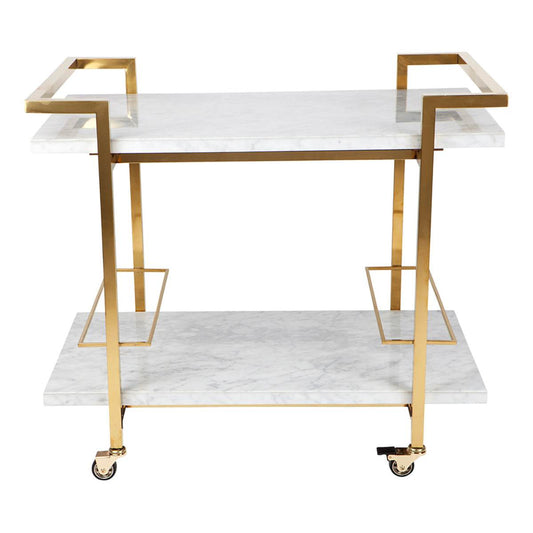 A multi-tiered white marble and gold stainless steel bar cart with lockable castors.