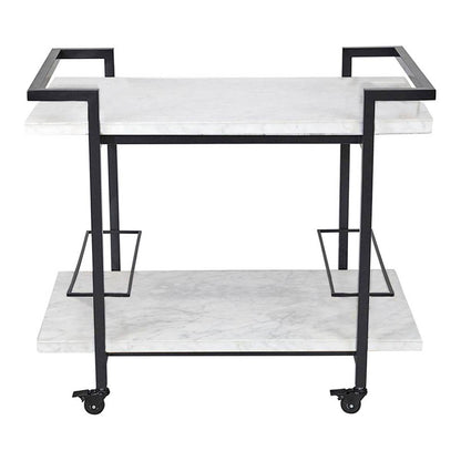 A multi-tiered white marble and black stainless steel bar cart with lockable castors.