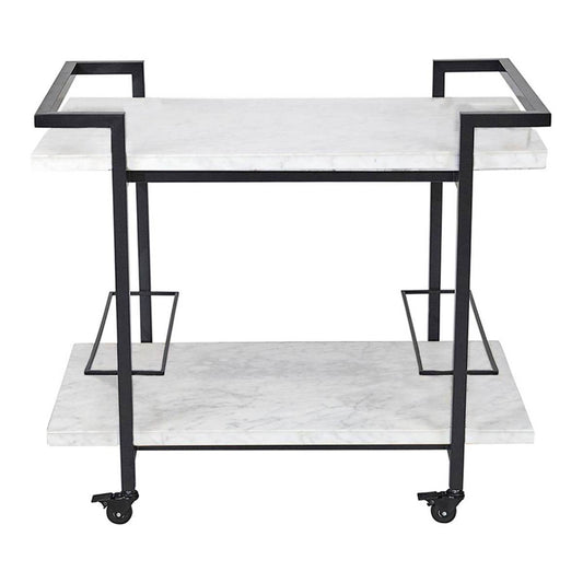 A multi-tiered white marble and black stainless steel bar cart with lockable castors.