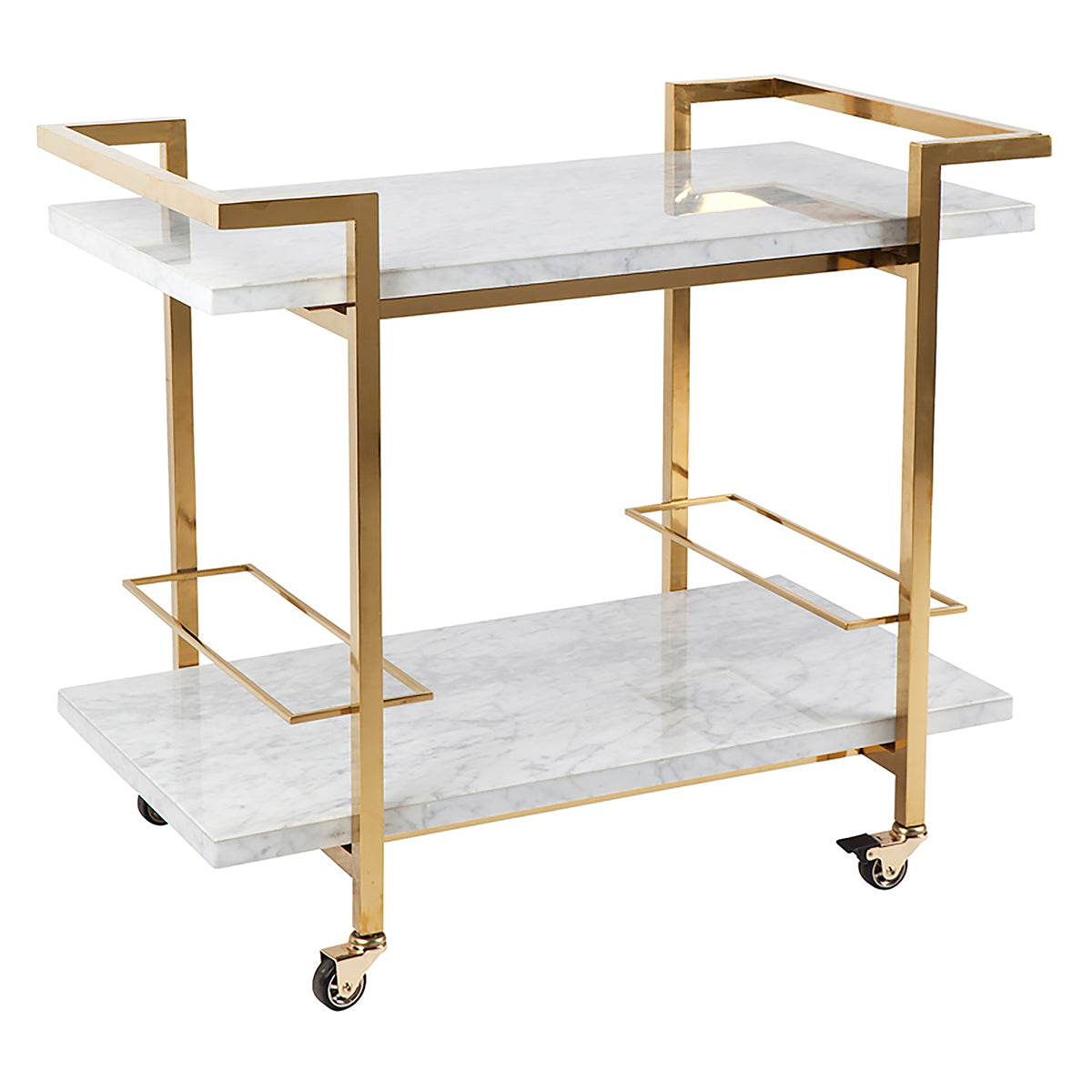 Fulton White and Gold Marble Bar Cart Side View on white background