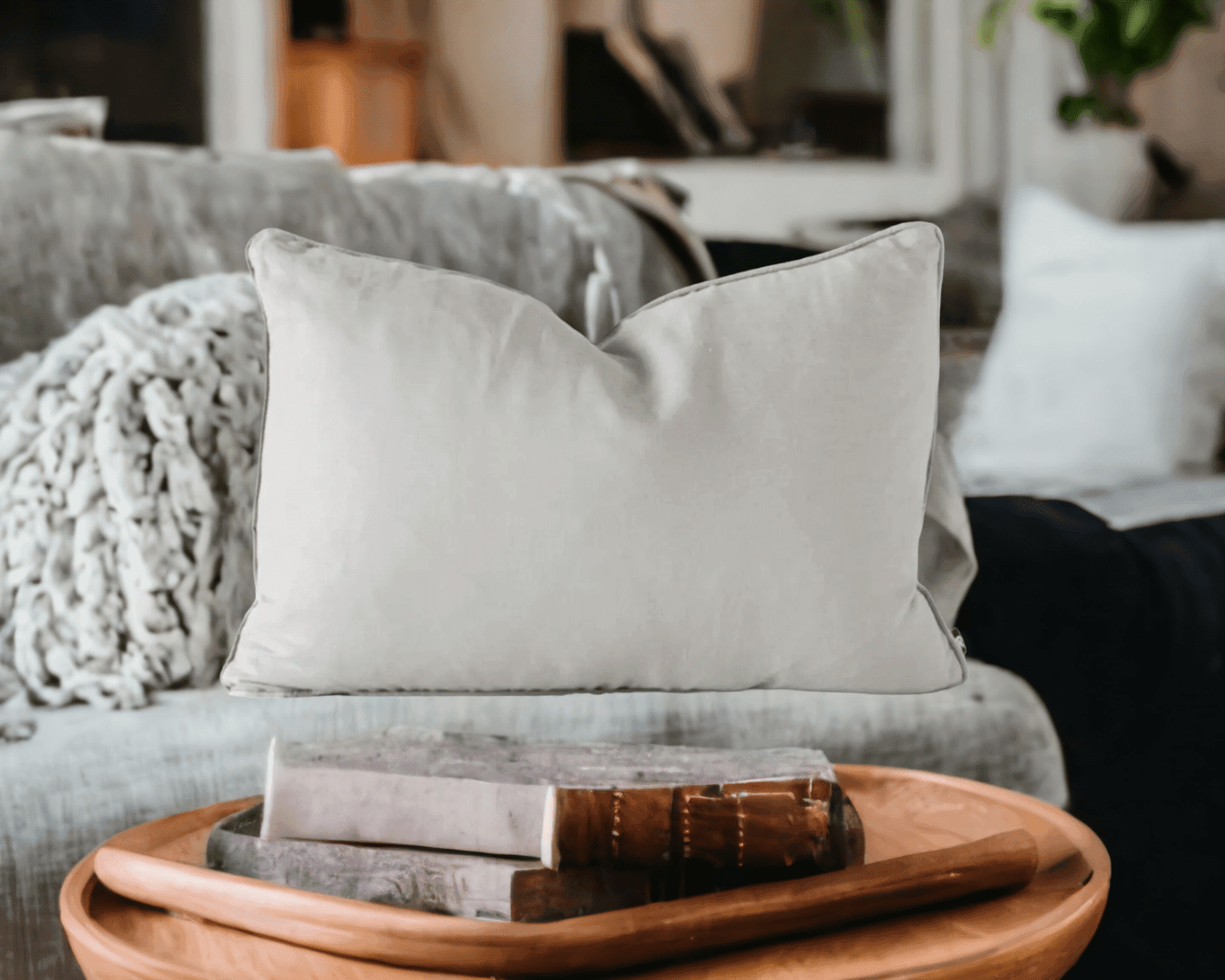 Calai | Self-Piped Linen Lumbar Cushion Smoke Grey - Mirra Interiors