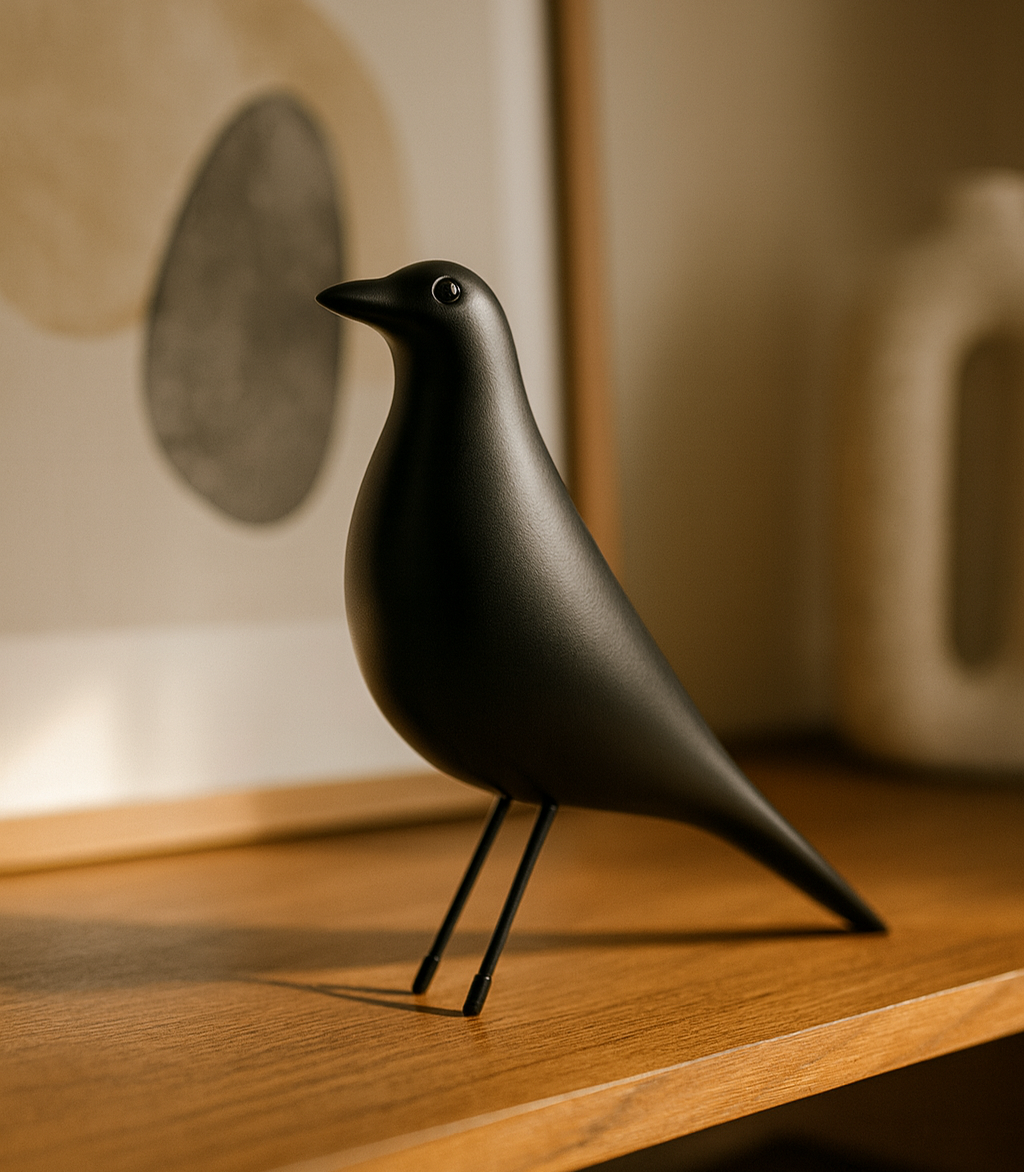 Black bird sculpture on a wooden surface with abstract art in the background