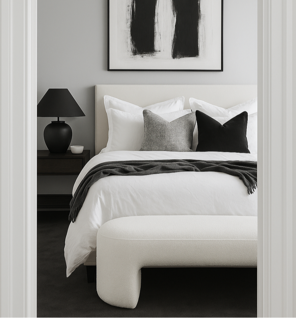 Monochrome Bedroom with abstract art and boucle ottoman | Mirra Interiors