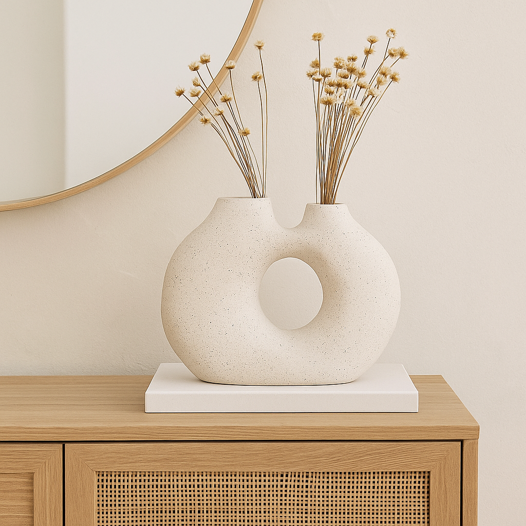 organic textured white vase with black speck styled on rattan sideboard | Mirra Interiors