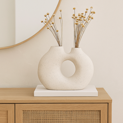 organic textured white vase with black speck styled on rattan sideboard | Mirra Interiors