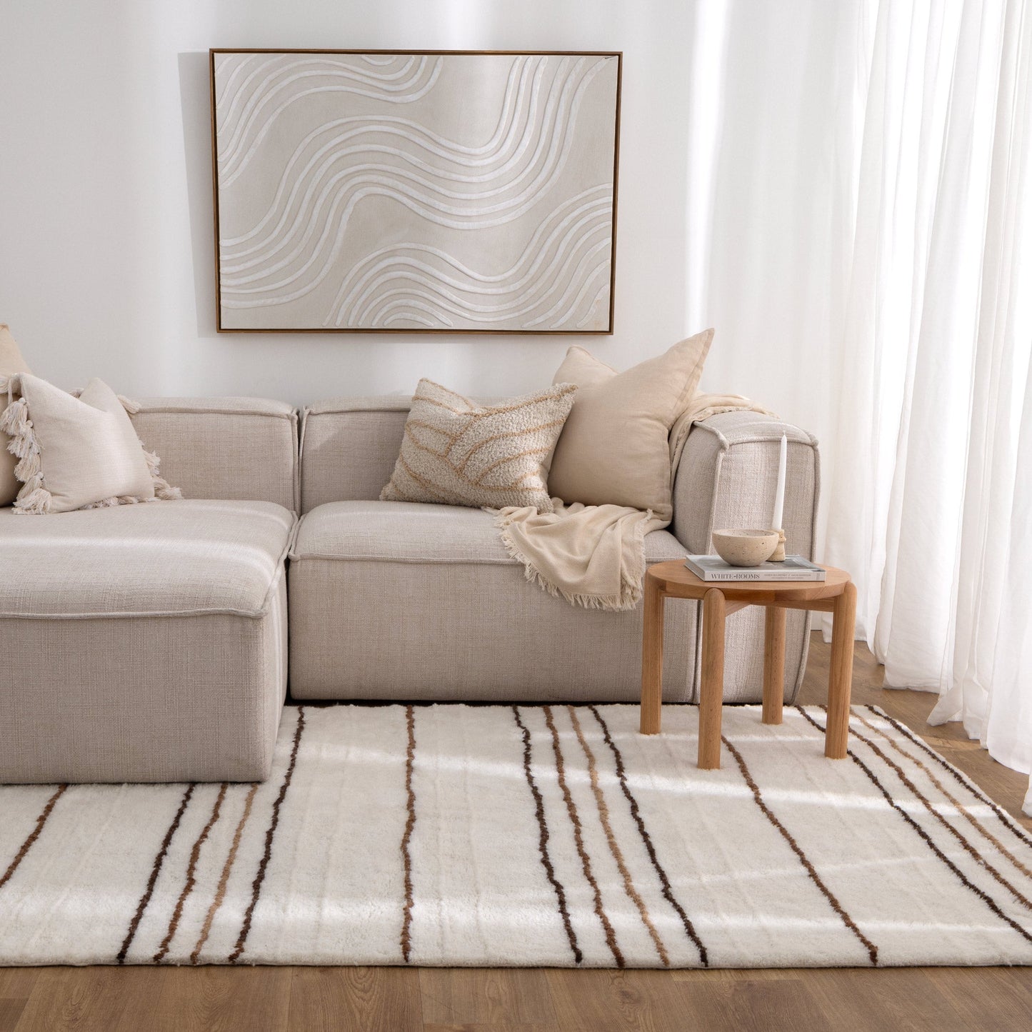 Highlands Beige Stripe Washable Wool Rug