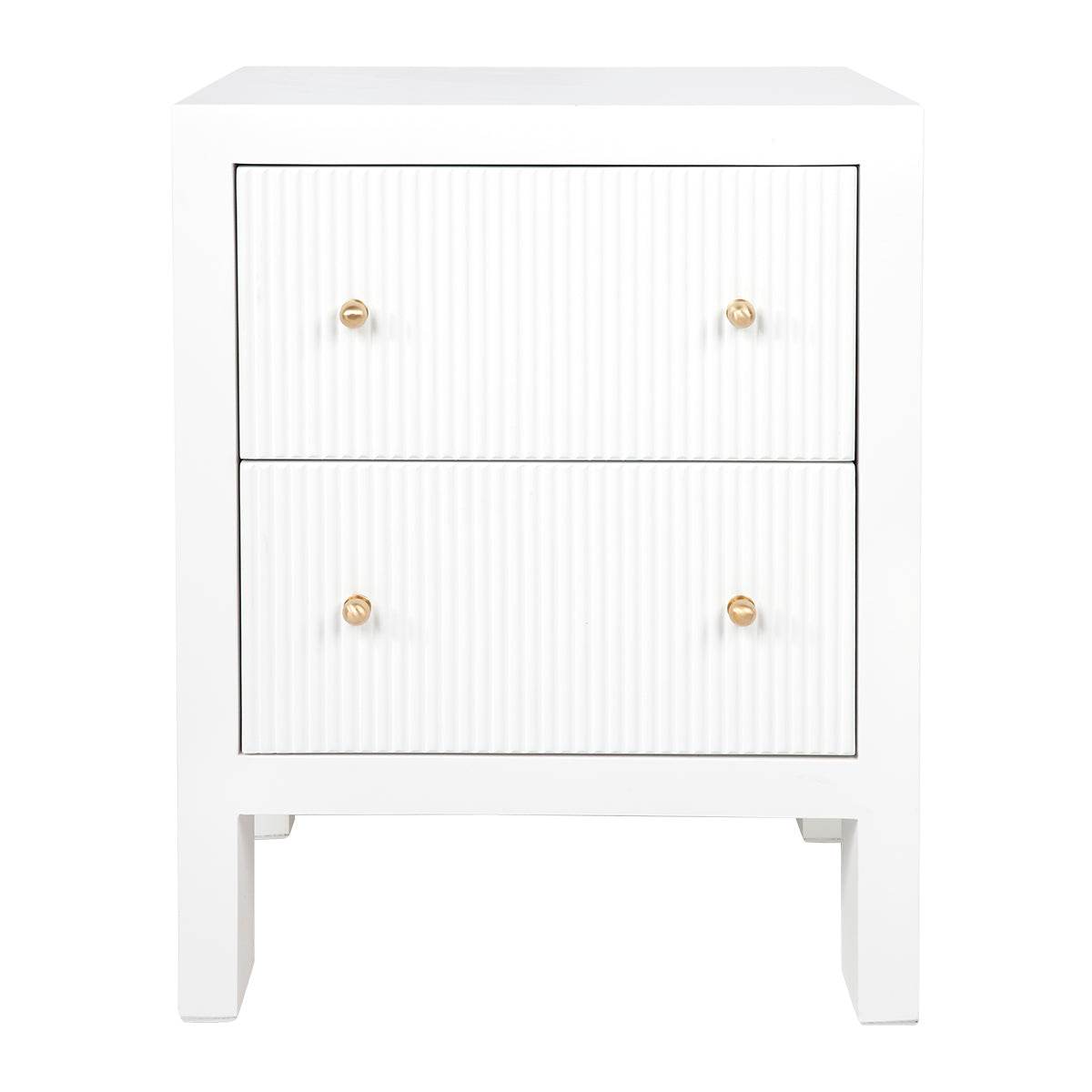 A white fluted bedside table with four drawers and brushed gold handles.