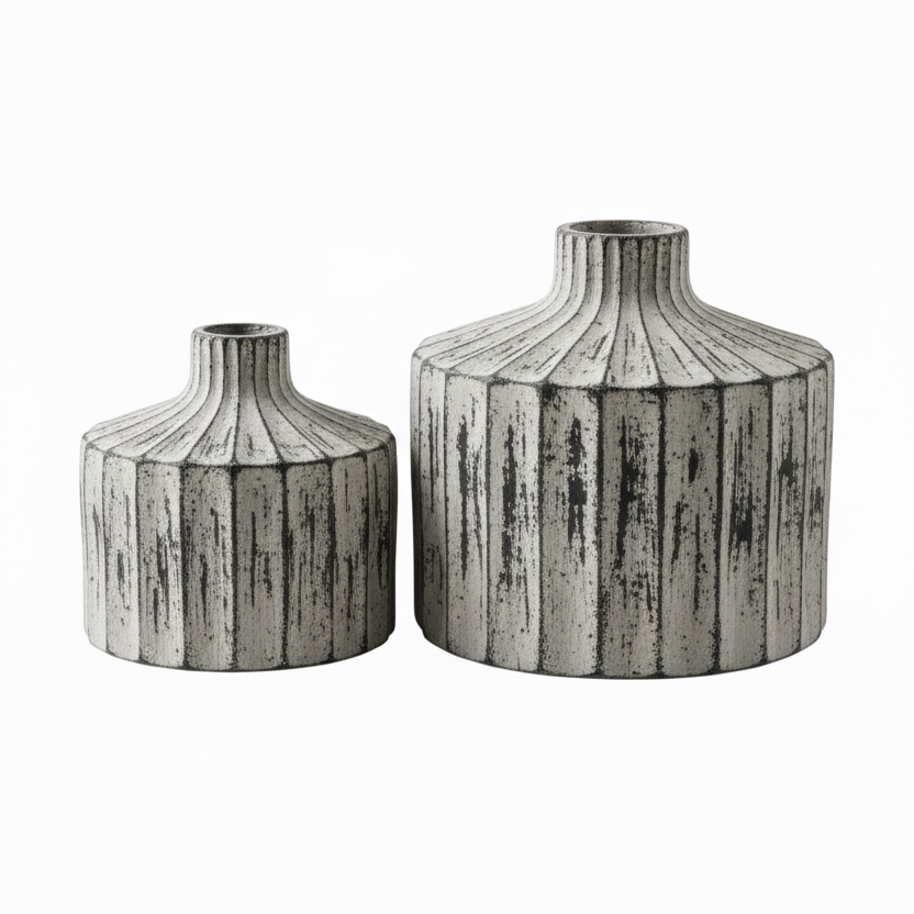 Two gray textured vases on a white background