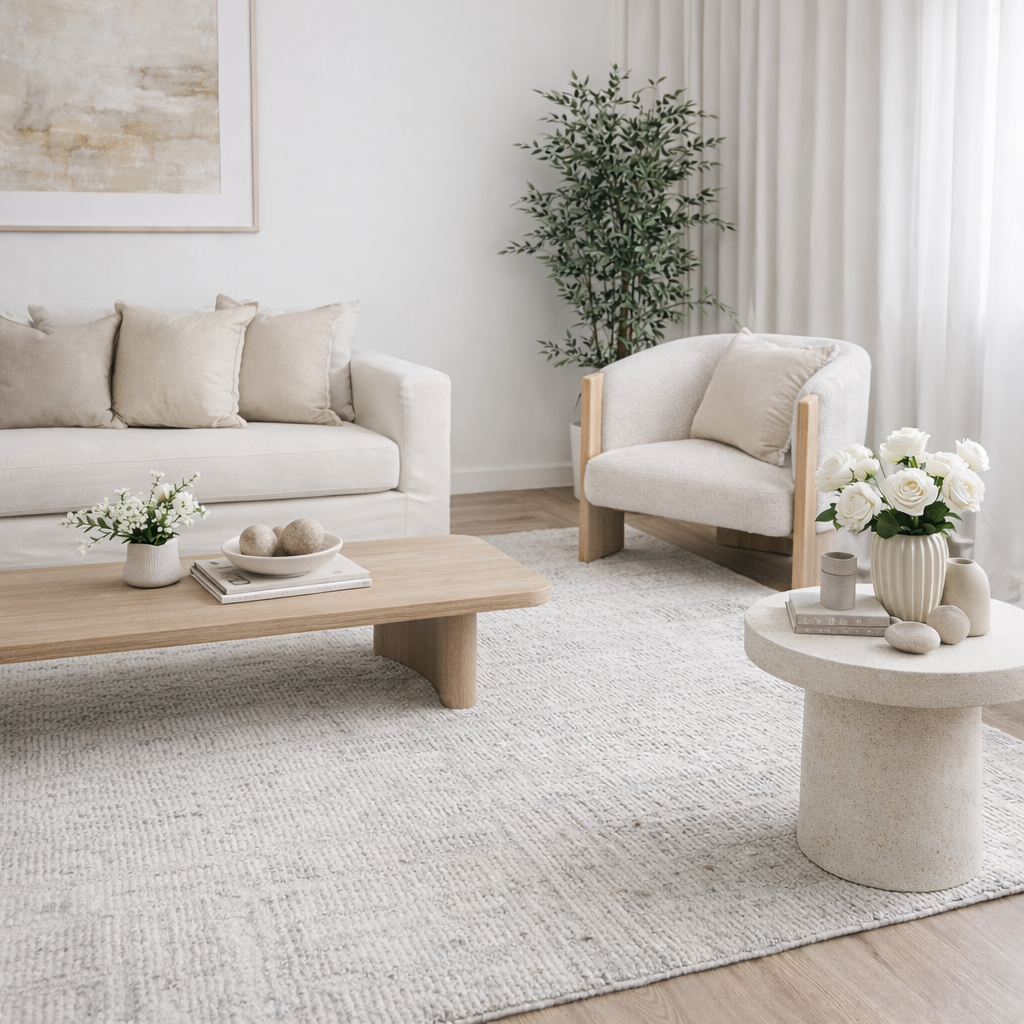 Modern living room with neutral furniture and decor showcasing a silver abstract rug 