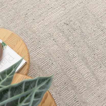 Close-up of a textured silver carpet with a wooden table and plant in the foreground.