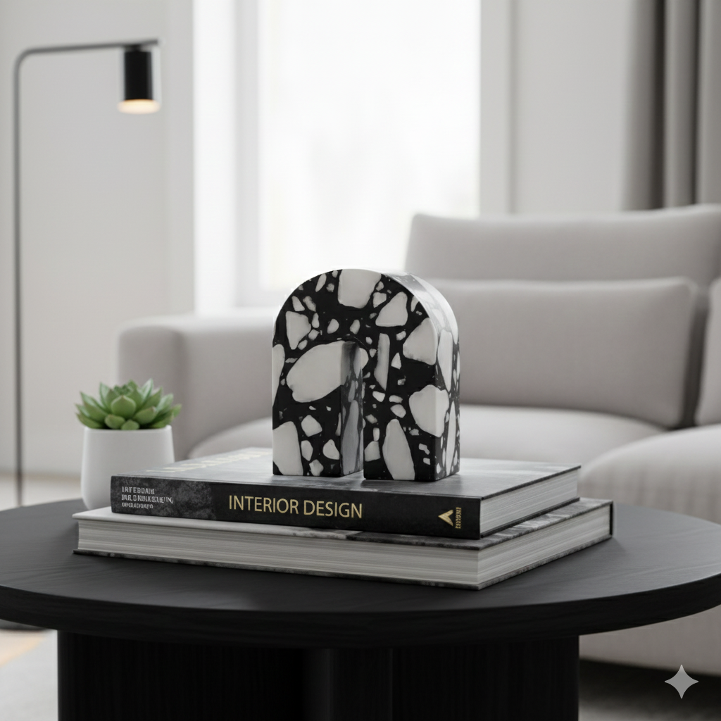 Decorative black and white sculpture on books with a plant and lamp in a modern living room.
