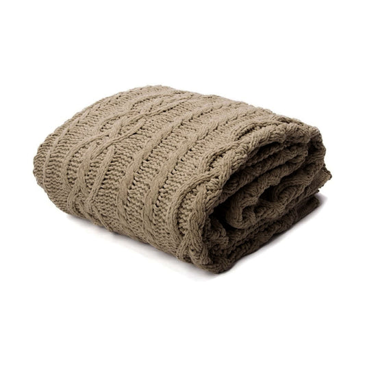Folded Tan Brown knitted blanket on a white background | Mirra Interiors