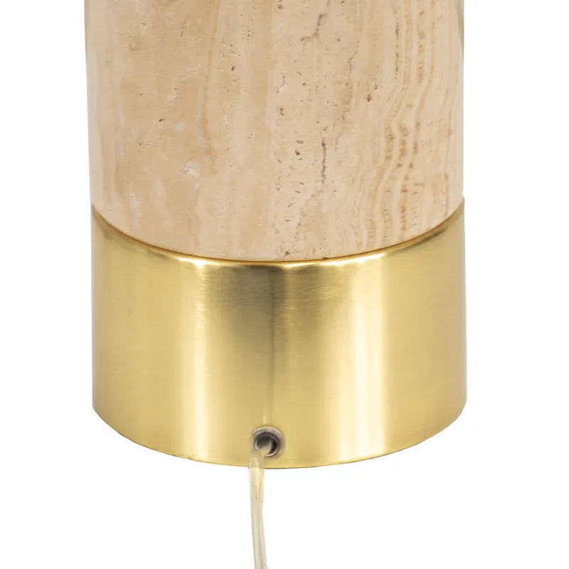 Lamp with wooden top and brass base on a white background