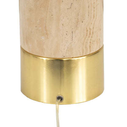 Lamp with wooden top and brass base on a white background