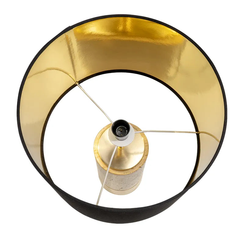 Modern lamp fixture with gold and black design on a white background