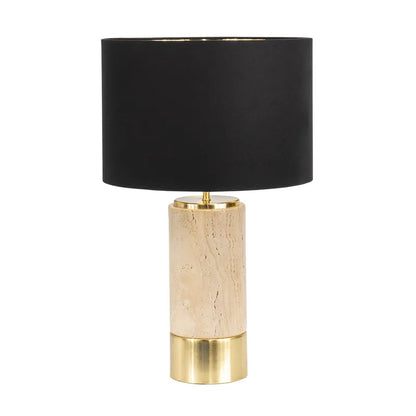 Travertine Table lamp with black shade and beige and gold base on a white background