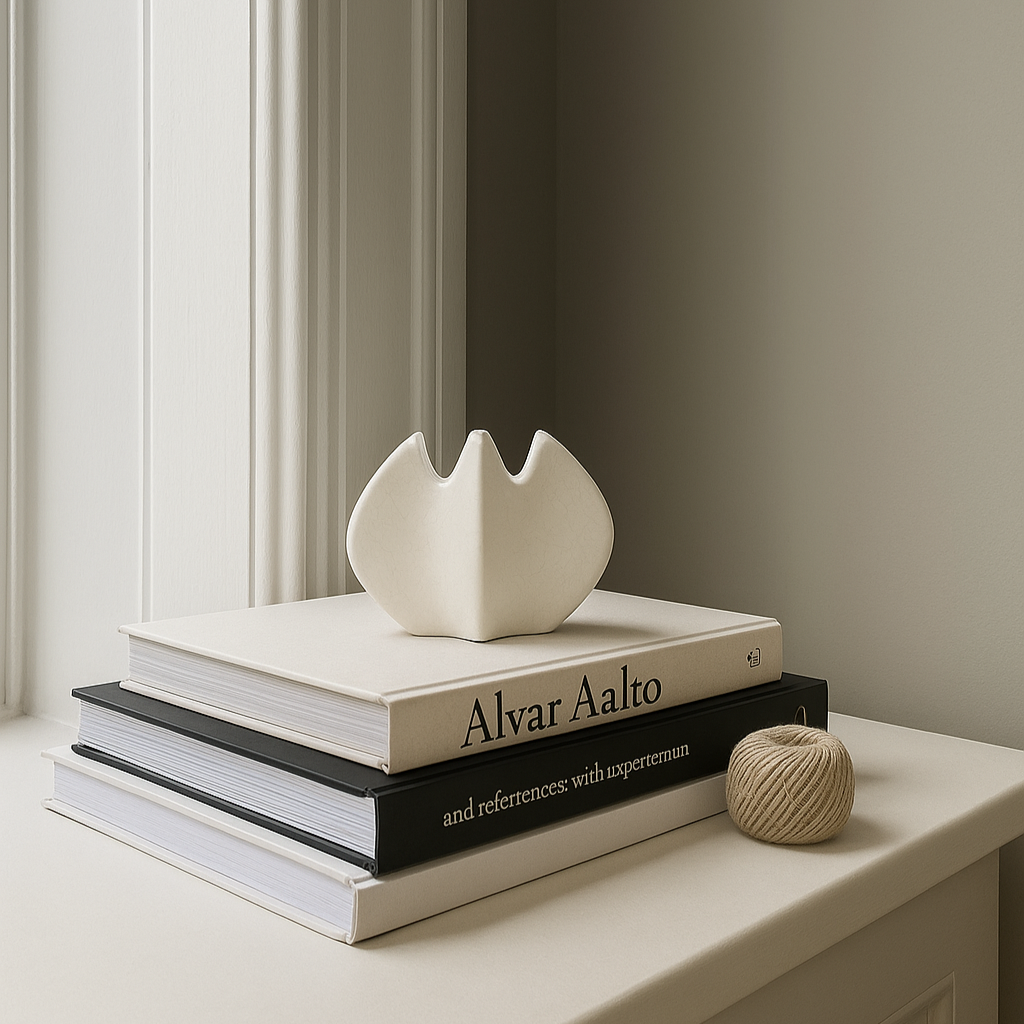White Ceramic Batwing Vase Styled On Stack of black and white books