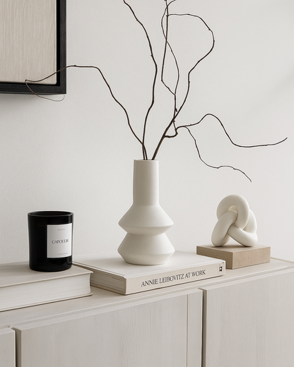 white geomatric vase with dried branches styled on a sideboard in a neutral setting | Mirra Interiors 