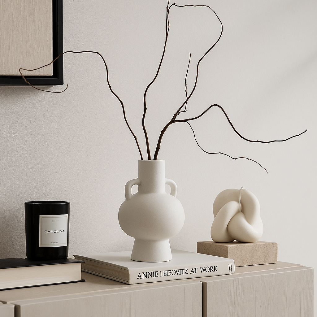 White porcelain vase with branches styled on sideboard | Mirra Interiors