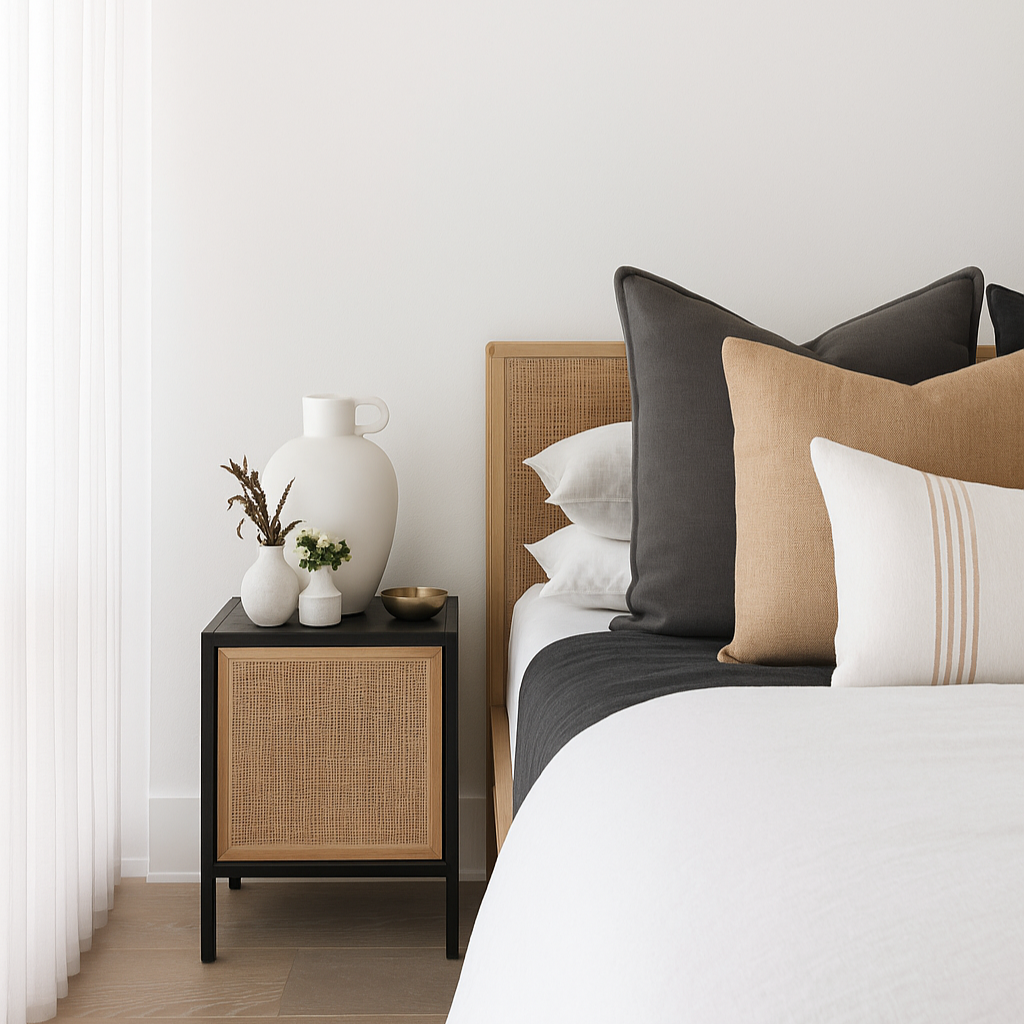 White jug vase styled in white and tan bedroom on rattan beside table