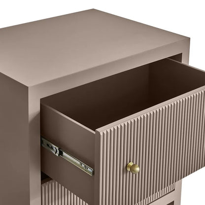 Beige side table with open drawer and decorative handle on a white background