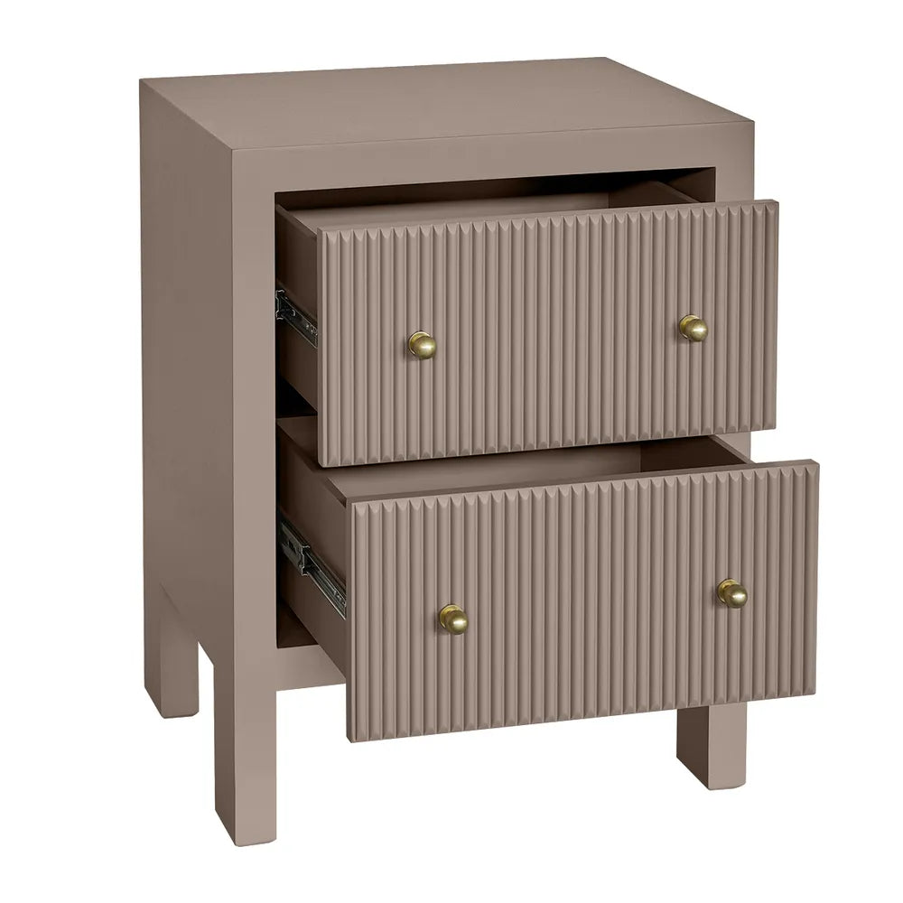 Beige nightstand with two drawers and brass knobs on a white background