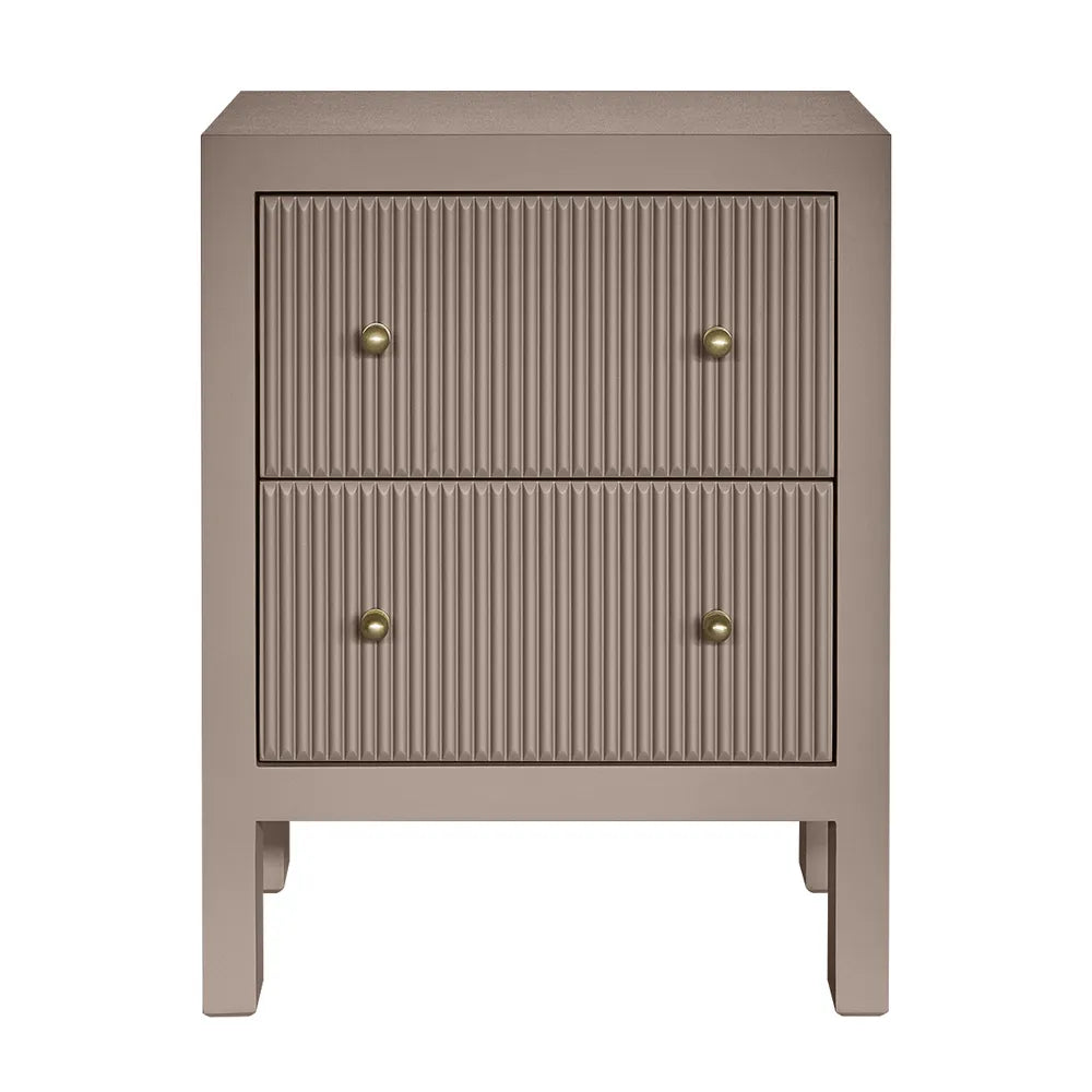 Beige nightstand with two drawers and brass knobs on a white background