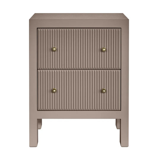 Beige nightstand with two drawers and brass knobs on a white background