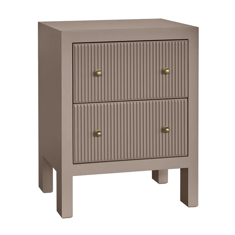 Beige nightstand with two drawers and gold handles on a white background