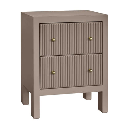 Beige nightstand with two drawers and gold handles on a white background